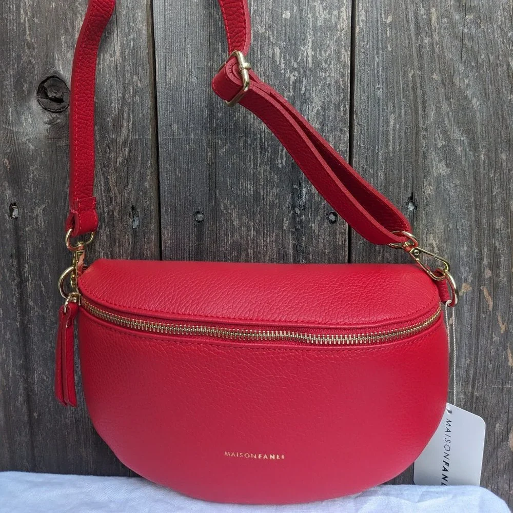 Italian Leather Fanny Pack with 2 Straps | Red Crossbody Waist Bag Real Leather - Picture 3 of 11